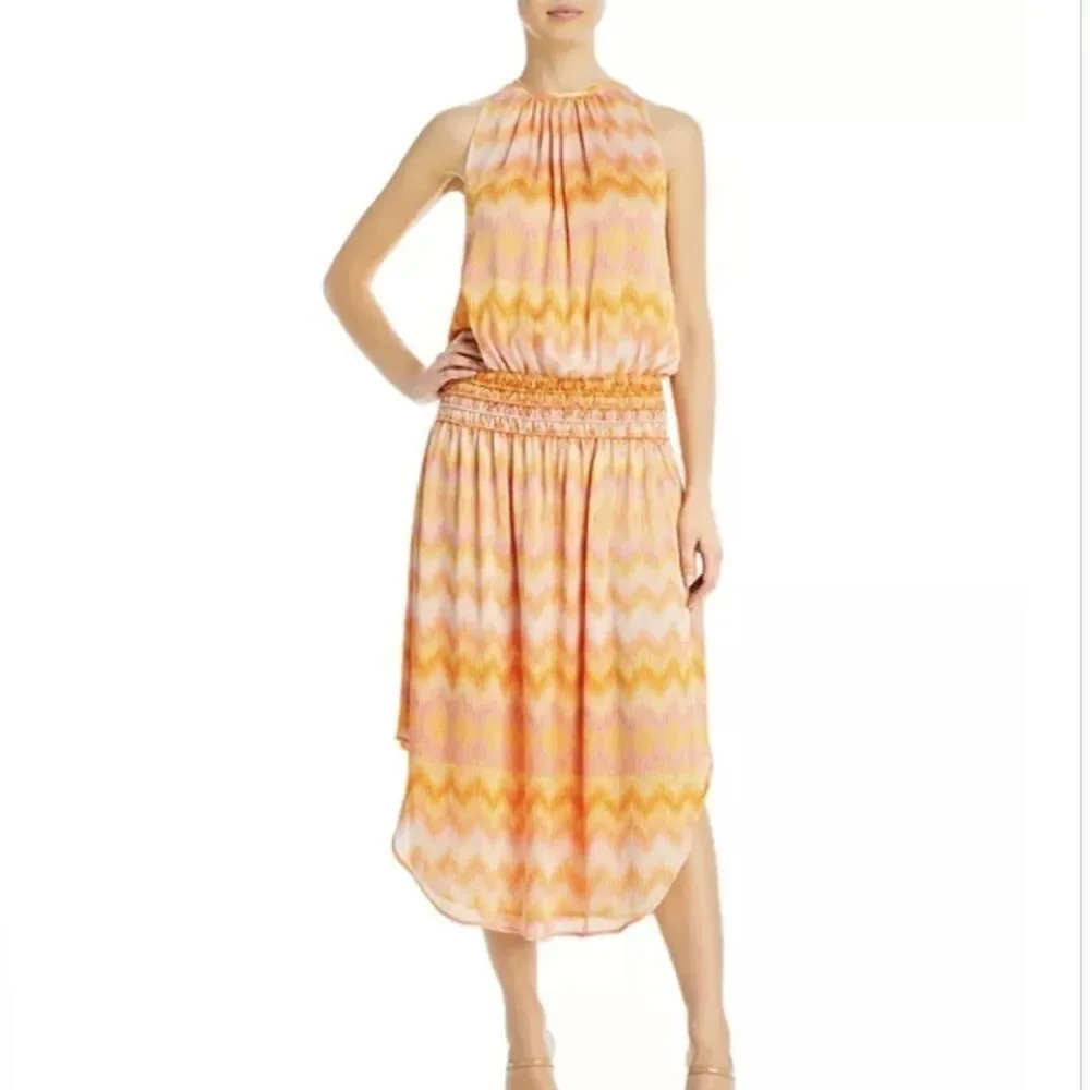 NEW Ramy Brook Audrey Smocked Printed Orange Midi Dress Size Small